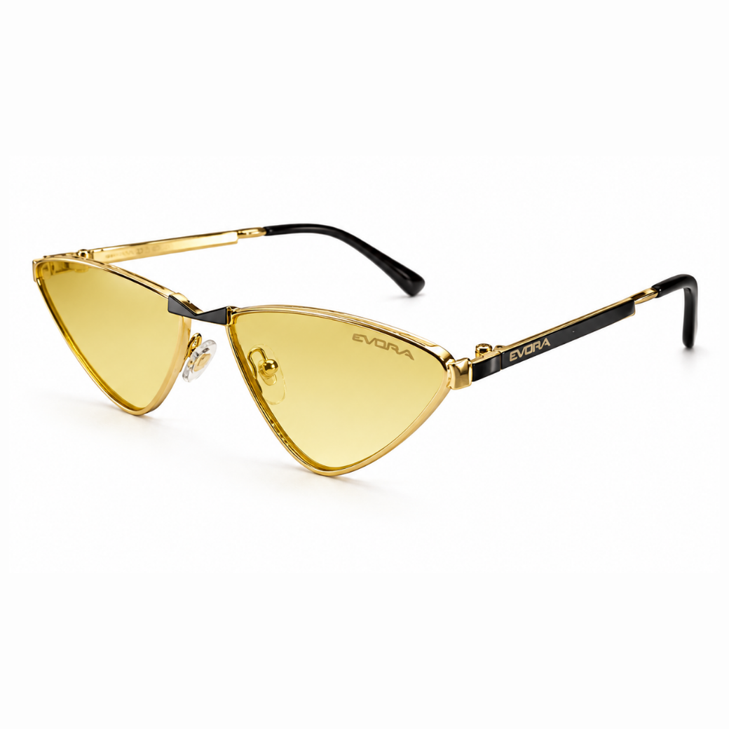EVORA Solare Premium Metal Cat-Eye Sunglasses – Gold Frame with Golden Yellow Lenses | UV400 Protection