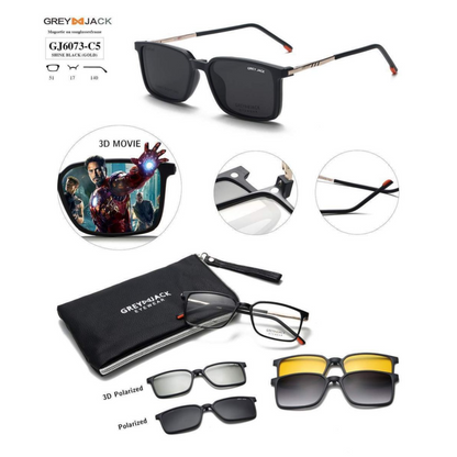 Grey Jack Clip-On Eyewear – 2-in-1 Magnetic Sunglasses | Polarized Lenses | TR90 Frame | GJ6073-C5 | Shine Black/Gold