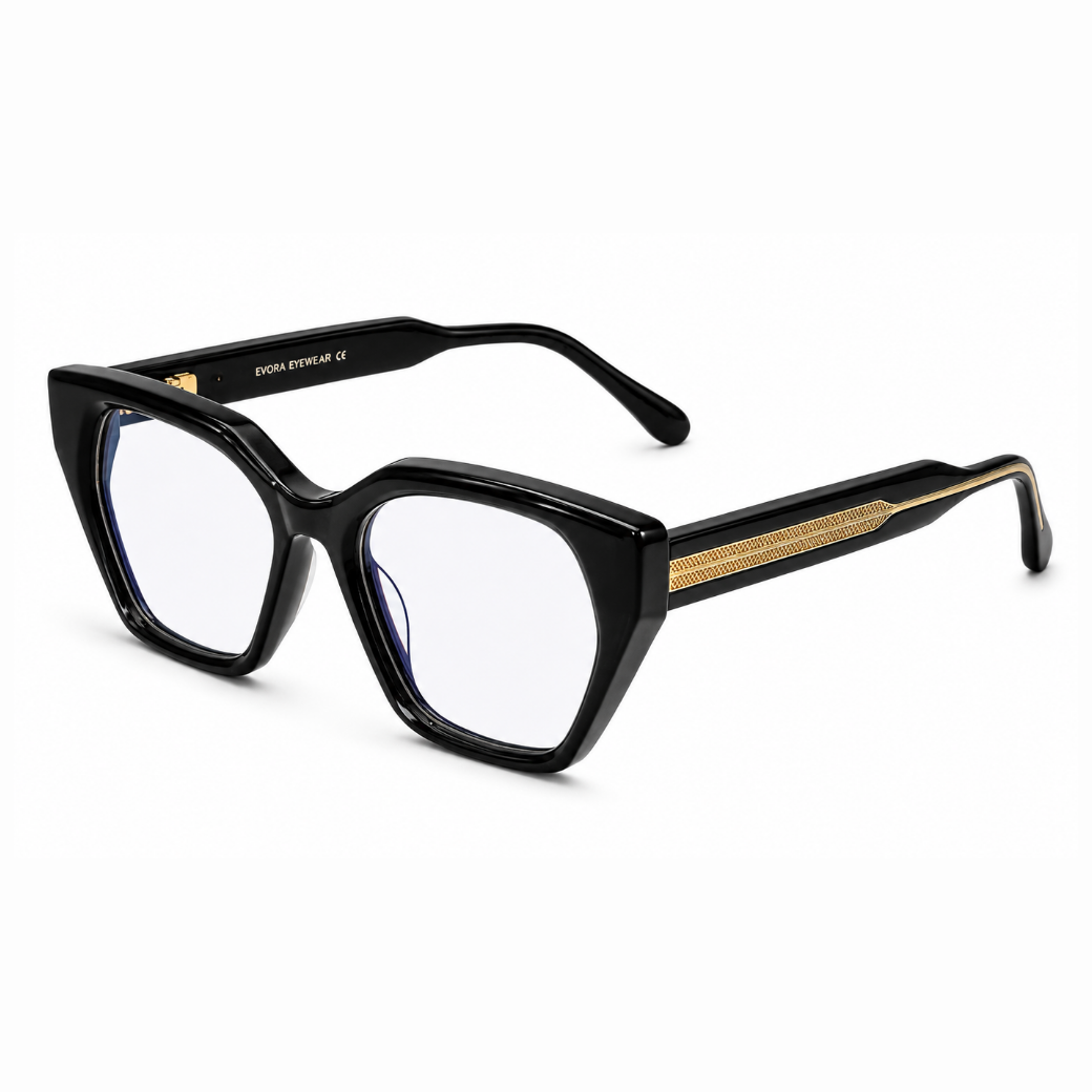 EVORA D23057 Onyx Black Premium Cat-Eye Acetate Eyewear Frame | Glossy Black | Size 53-17-150