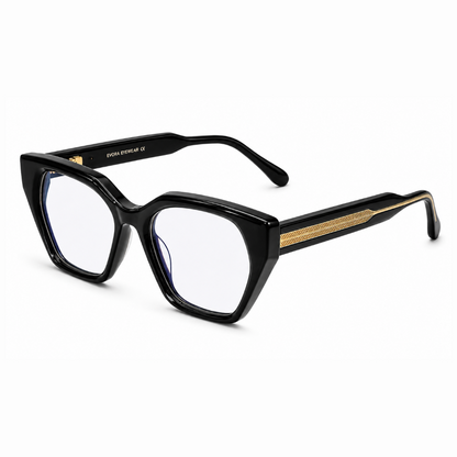 EVORA D23057 Onyx Black Premium Cat-Eye Acetate Eyewear Frame | Glossy Black | Size 53-17-150