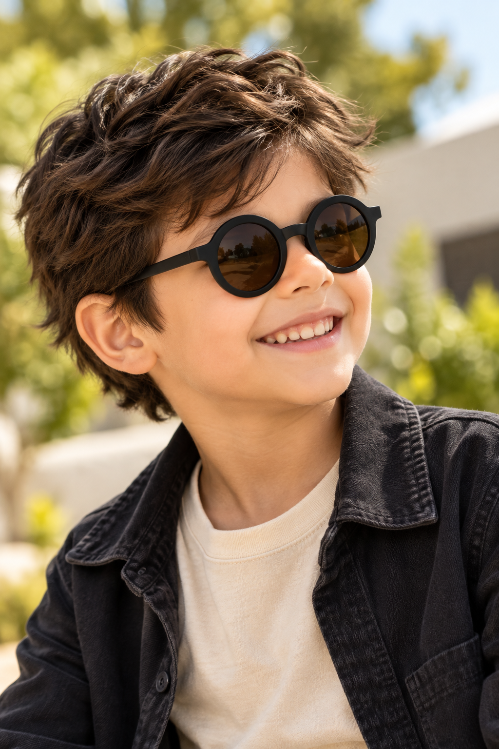 A smiling young boy with wavy brown hair wearing round black sunglasses with dark lenses, a black denim jacket, and a cream t-shirt, photographed outdoors with a soft blurred background of green foliage and a building.