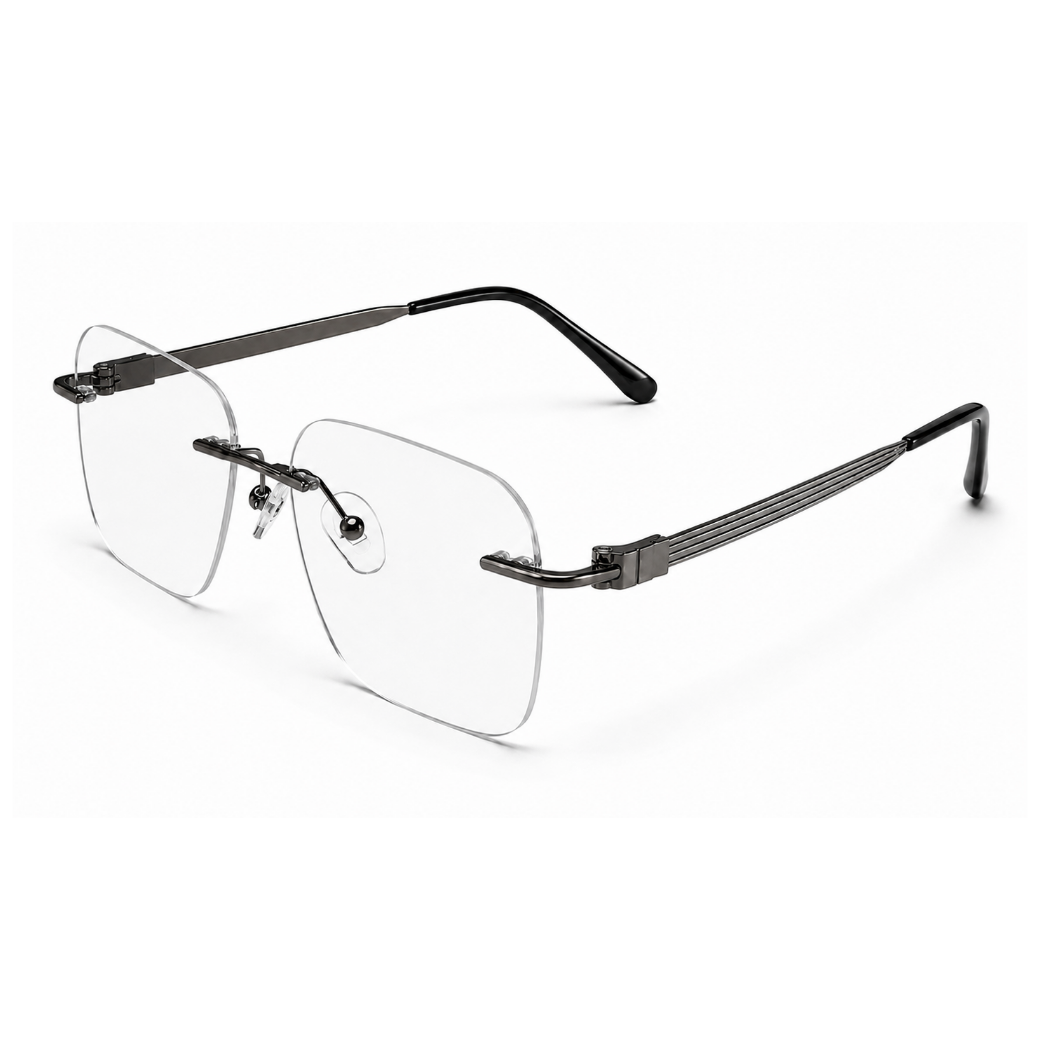 EVORA Elite Executive Rimless Square Eyeglass Frame – Premium Lightweight Metal | Gun Metal