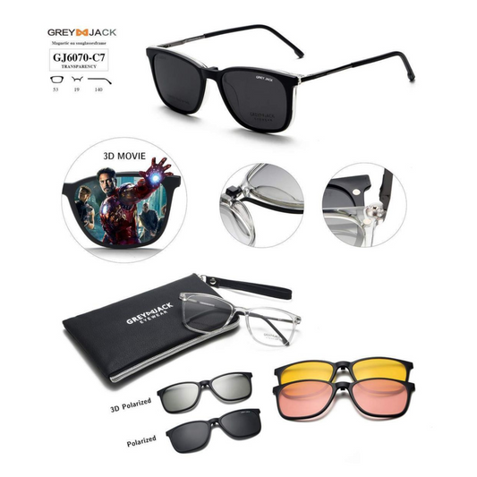 Grey Jack Clip-On Eyewear – 2-in-1 Magnetic Sunglasses | Polarized Lenses | TR90 Frame | GJ6070-C7 | Transparent