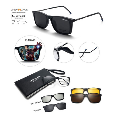 Grey Jack Clip-On Eyewear – 2-in-1 Magnetic Sunglasses | Polarized Lenses | TR90 Frame | GJ6076-C2 | Matte Black