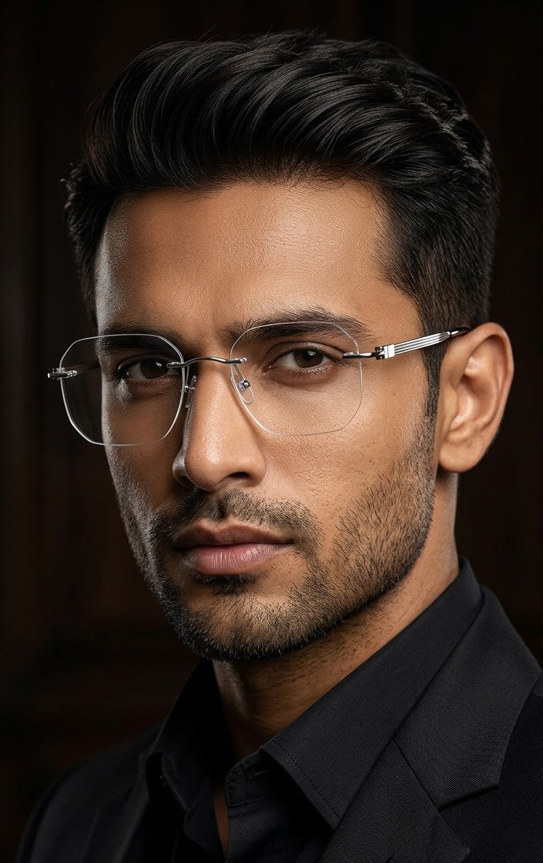 EVORA Elite Executive Rimless Square Eyeglass Frame – Premium Lightweight Metal | Silver