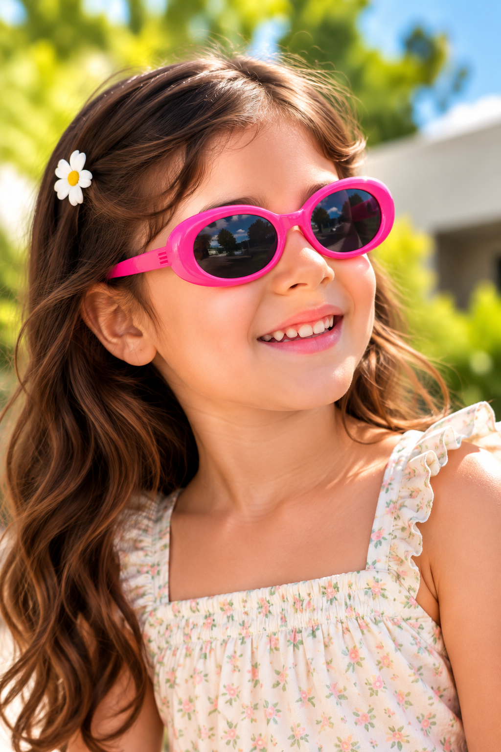 A young girl with long brown hair wearing bright pink oval sunglasses with dark lenses and a white floral top, photographed outdoors with green foliage in the background.