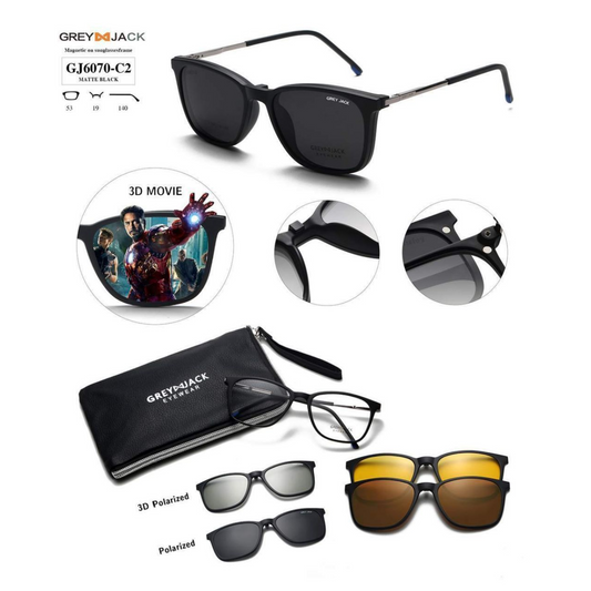 Grey Jack Clip-On Eyewear – 2-in-1 Magnetic Sunglasses | Polarized Lenses | TR90 Frame | GJ6070-C2 | Matte Black