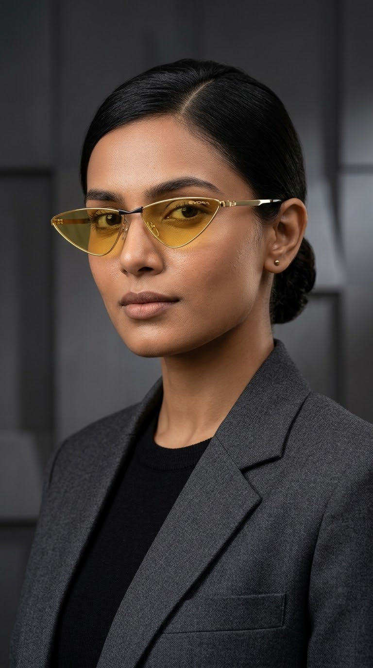 EVORA Solare Premium Metal Cat-Eye Sunglasses – Gold Frame with Golden Yellow Lenses | UV400 Protection