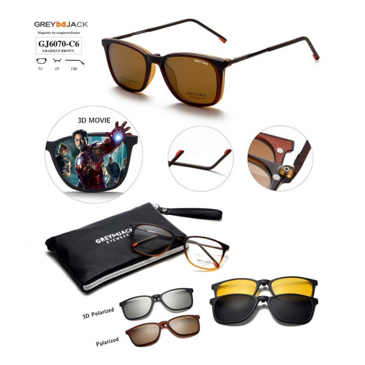 Grey Jack Clip-On Eyewear – 2-in-1 Magnetic Sunglasses | Polarized Lenses | TR90 Frame | GJ6070-C6 | Gradient Brown