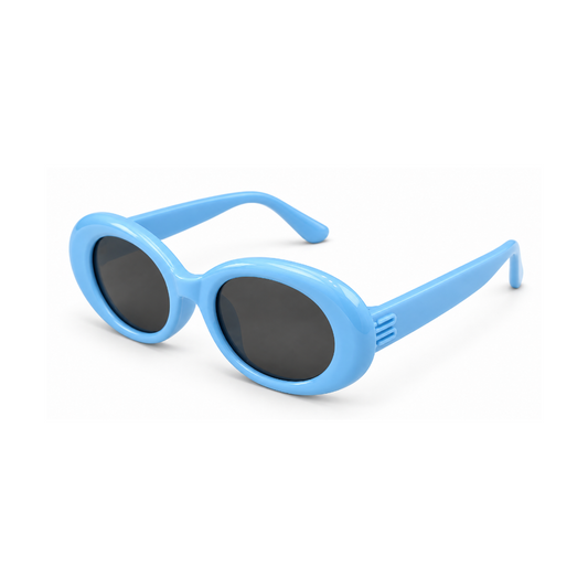 Light blue oval sunglasses with dark lenses, shown on a clean white background.
