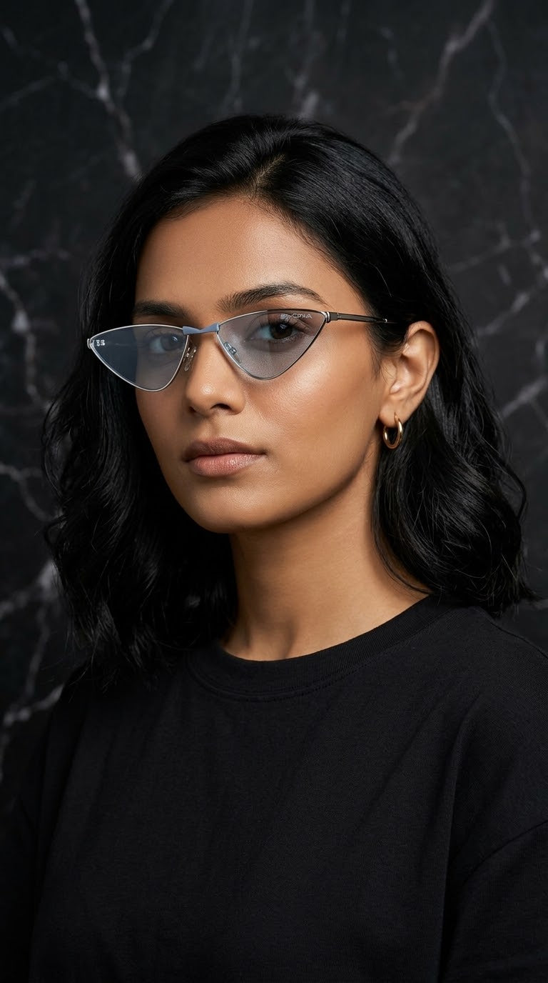 EVORA Azureé Premium Metal Cat-Eye Sunglasses – Silver Frame with Ice Blue Lenses | UV400 Protection