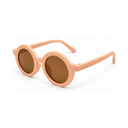 Round sunglasses with a peach-colored frame and brown lenses, shown on a clean white background.