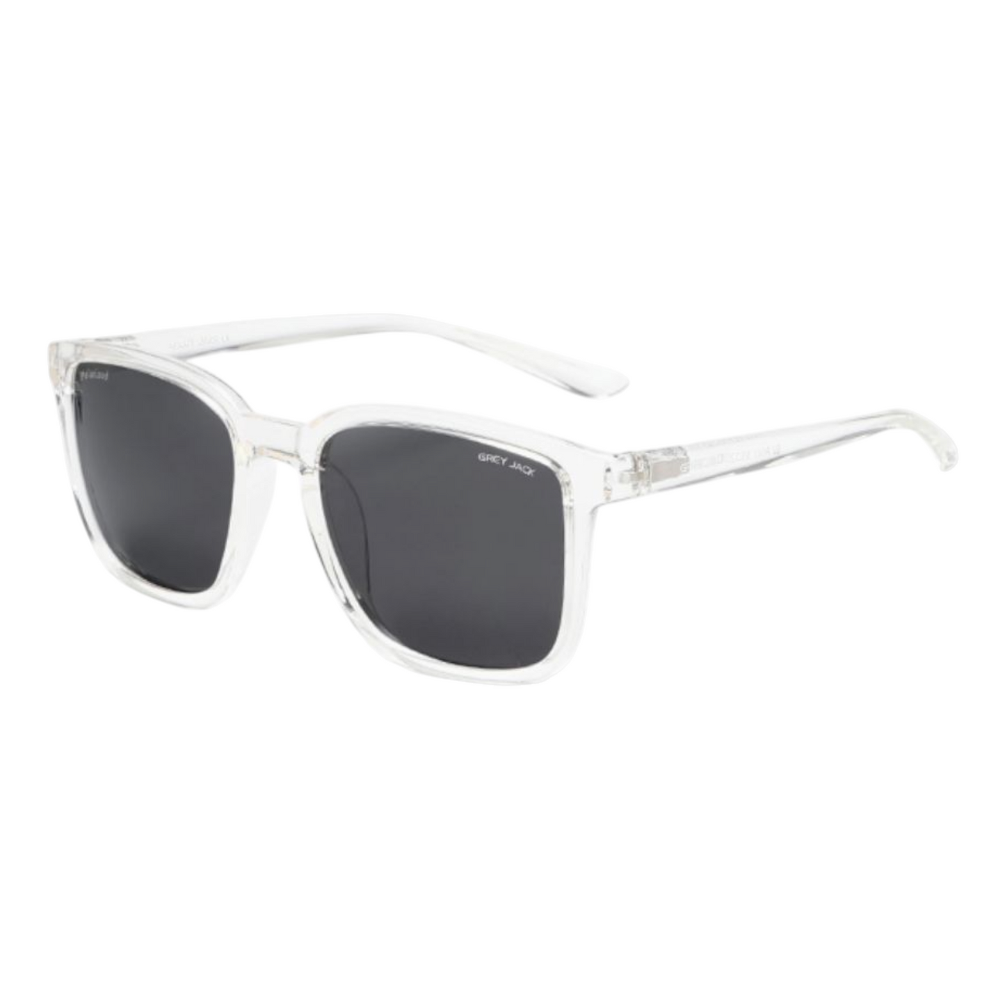 Clear sunglasses with dark lenses on a white background