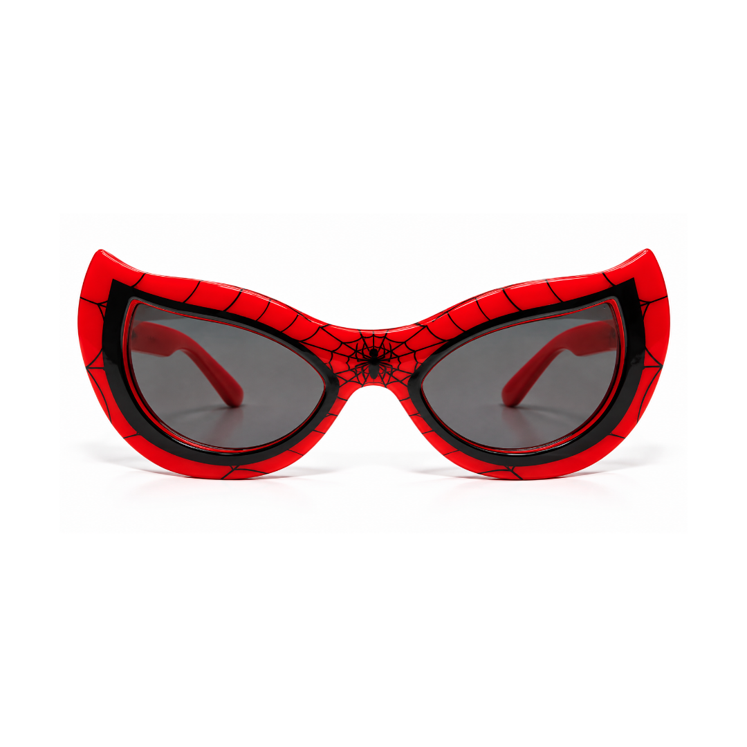 Spider-Man themed cat-eye sunglasses with a red and black web-pattern frame and dark gray lenses, shown on a white background.
