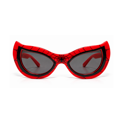 Spider-Man themed cat-eye sunglasses with a red and black web-pattern frame and dark gray lenses, shown on a white background.