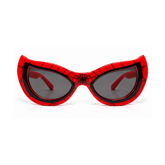 Spider-Man themed cat-eye sunglasses with a red and black web-pattern frame and dark gray lenses, shown on a white background.