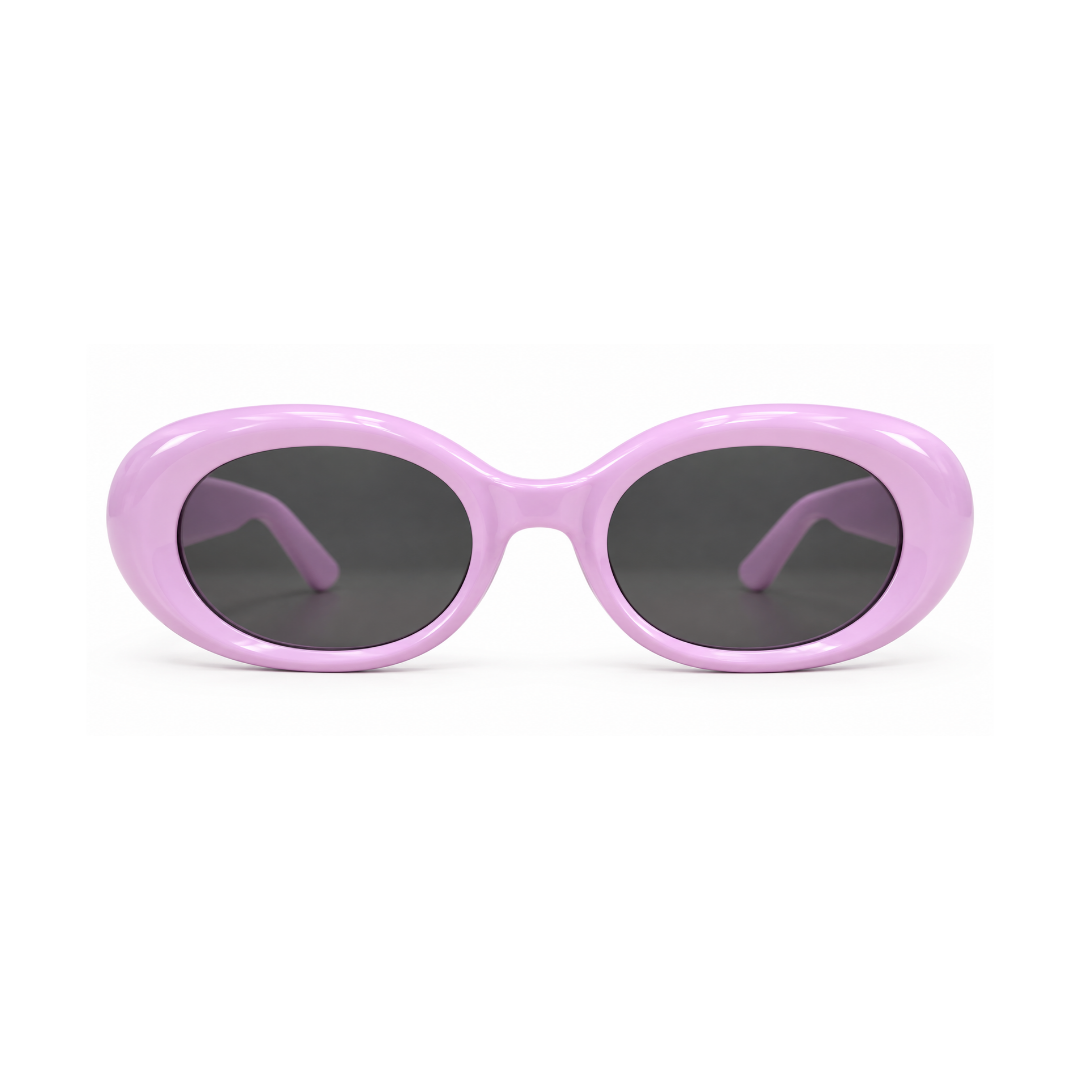 Oval sunglasses with a glossy light purple frame and dark gray lenses, shown against a plain white background.