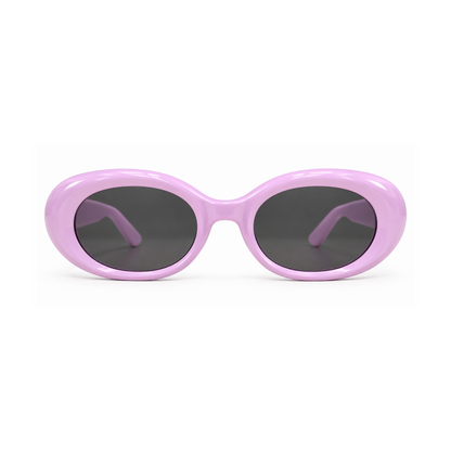 Oval sunglasses with a glossy light purple frame and dark gray lenses, shown against a plain white background.