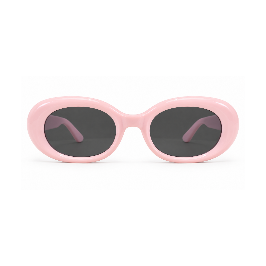 Oval sunglasses with a glossy light pink frame and dark gray lenses, shown against a plain white background.