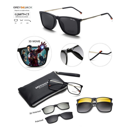 Grey Jack Clip-On Eyewear – 2-in-1 Magnetic Sunglasses | Polarized Lenses | TR90 Frame | GJ6079-C5 | Shine Black(Gold)