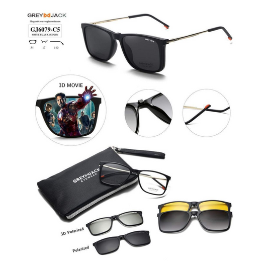 Grey Jack Clip-On Eyewear – 2-in-1 Magnetic Sunglasses | Polarized Lenses | TR90 Frame | GJ6079-C5 | Shine Black(Gold)