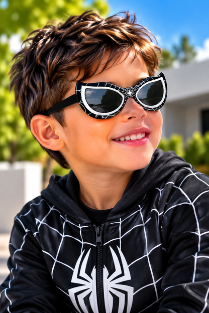 A smiling young boy wearing black and white patterned cat-eye sunglasses and a black Spider-Man themed zip-up hoodie, photographed outdoors in bright daylight.