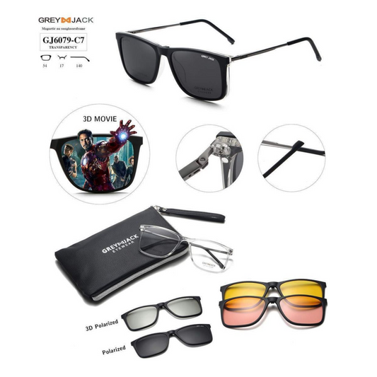Grey Jack Clip-On Eyewear – 2-in-1 Magnetic Sunglasses | Polarized Lenses | TR90 Frame | GJ6079-C7 | Transparency