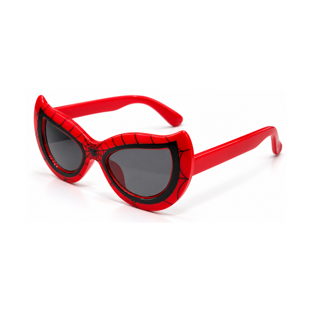 Red and black Spider-Man themed cat-eye sunglasses with dark gray lenses, shown on a clean white background.