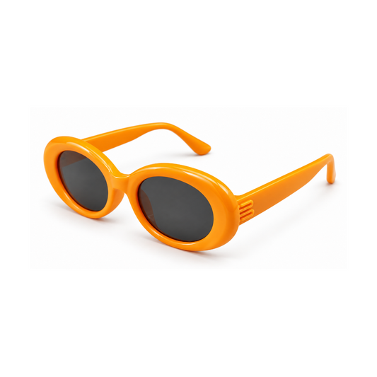 Bright orange oval sunglasses with dark gray lenses, shown at a three-quarter angle on a clean white background.