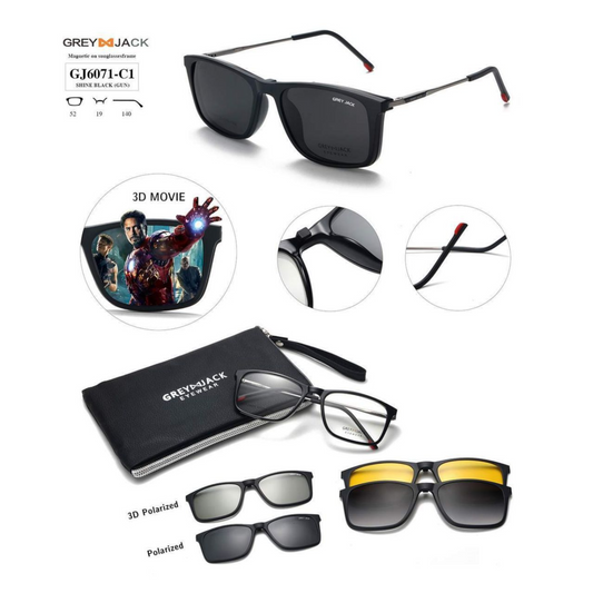 Grey Jack Clip-On Eyewear – 2-in-1 Magnetic Sunglasses | Polarized Lenses | TR90 Frame | GJ6071-C1 | Shine Black(Gun)