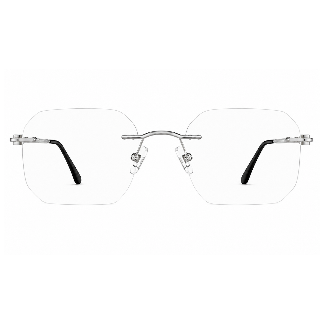 EVORA Elite Executive Rimless Square Eyeglass Frame – Premium Lightweight Metal | Silver