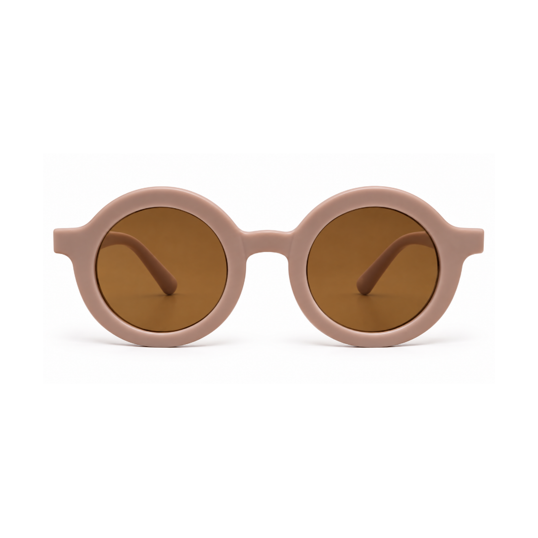 Round sunglasses with a matte dusty pink frame and warm brown tinted lenses, shown against a clean white background.