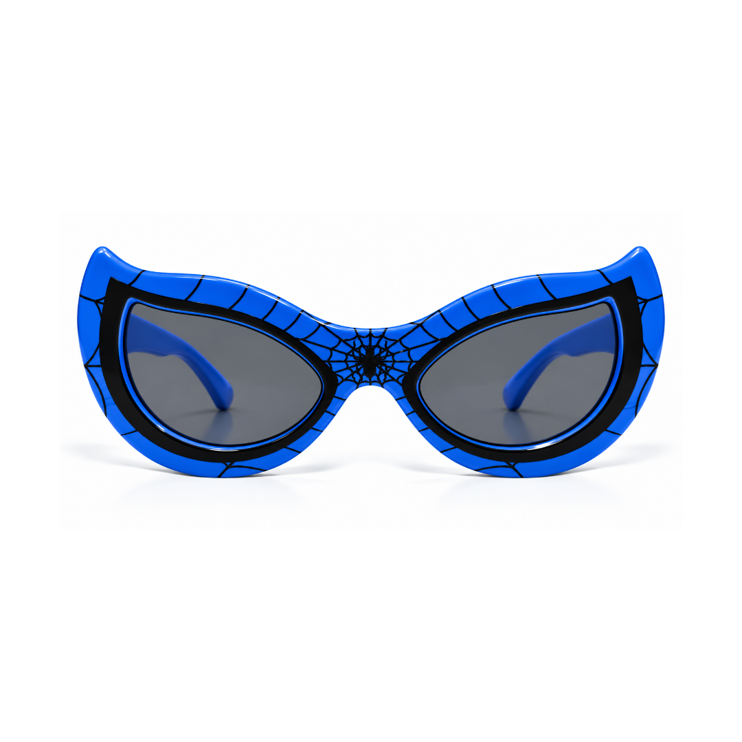Blue and black spider-themed cat-eye sunglasses with a web pattern and spider emblem on the bridge, shown on a white background.