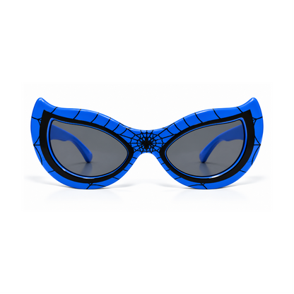 Blue and black spider-themed cat-eye sunglasses with a web pattern and spider emblem on the bridge, shown on a white background.