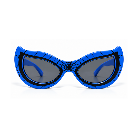 Blue and black spider-themed cat-eye sunglasses with a web pattern and spider emblem on the bridge, shown on a white background.