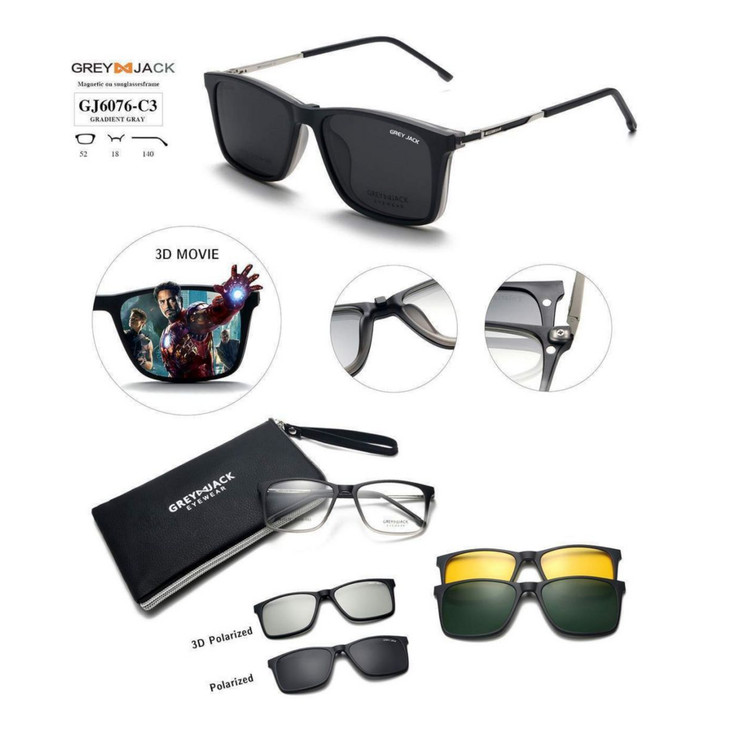 Grey Jack Clip-On Eyewear – 2-in-1 Magnetic Sunglasses | Polarized Lenses | TR90 Frame | GJ6076-C3 | Gradient Gray