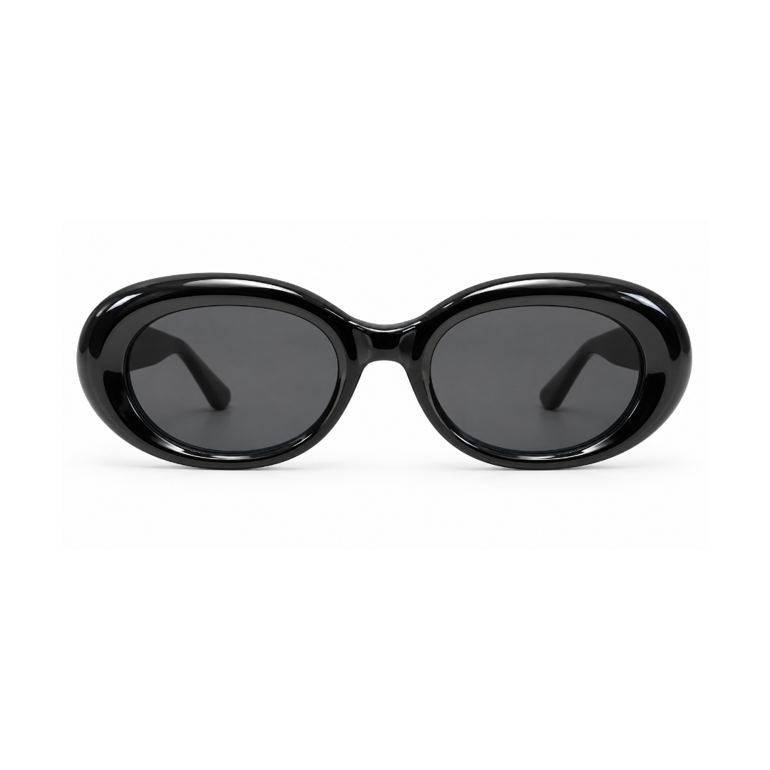 Oval sunglasses with a glossy black frame and dark gray lenses, shown from the front on a plain white background.
