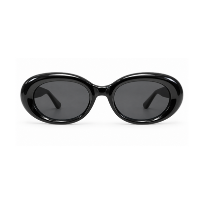 Oval sunglasses with a glossy black frame and dark gray lenses, shown from the front on a plain white background.