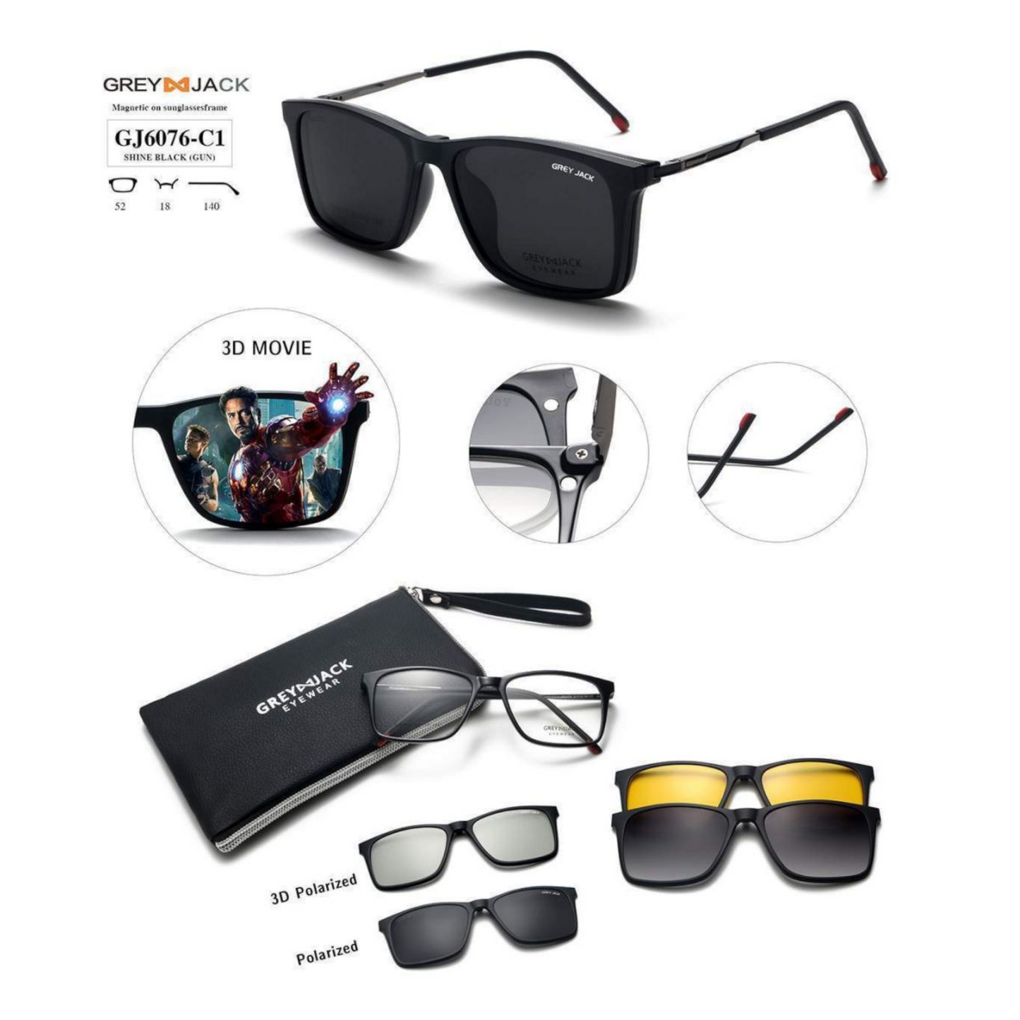 Grey Jack Clip-On Eyewear – 2-in-1 Magnetic Sunglasses | Polarized Lenses | TR90 Frame | GJ6076-C1 | Shine Black(Gun)
