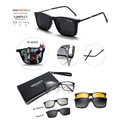 Grey Jack Clip-On Eyewear – 2-in-1 Magnetic Sunglasses | Polarized Lenses | TR90 Frame | GJ6076-C1 | Shine Black(Gun)