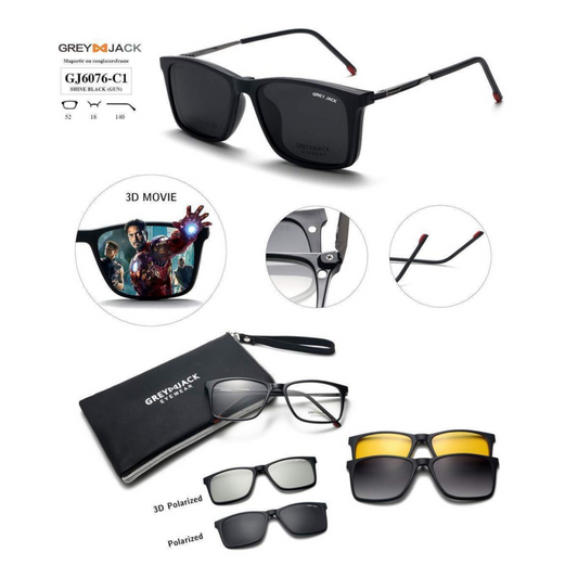 Grey Jack Clip-On Eyewear – 2-in-1 Magnetic Sunglasses | Polarized Lenses | TR90 Frame | GJ6076-C1 | Shine Black(Gun)