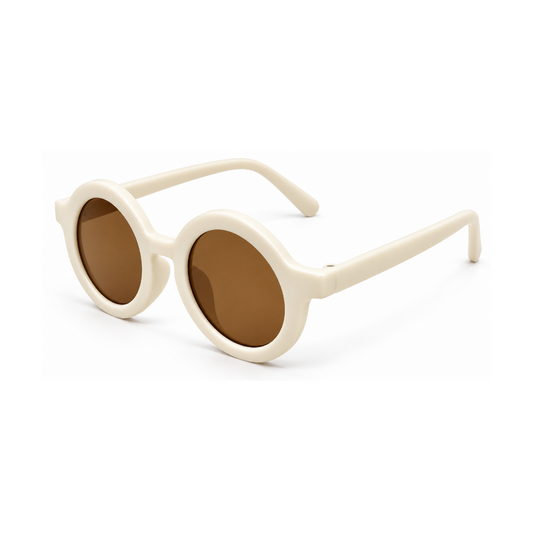 Round sunglasses with thick cream-colored frames and brown lenses, shown on a clean white background.