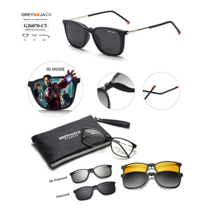 Grey Jack Clip-On Eyewear – 2-in-1 Magnetic Sunglasses | Polarized Lenses | TR90 Frame | GJ6070-C5 | Shine Black(Gold)