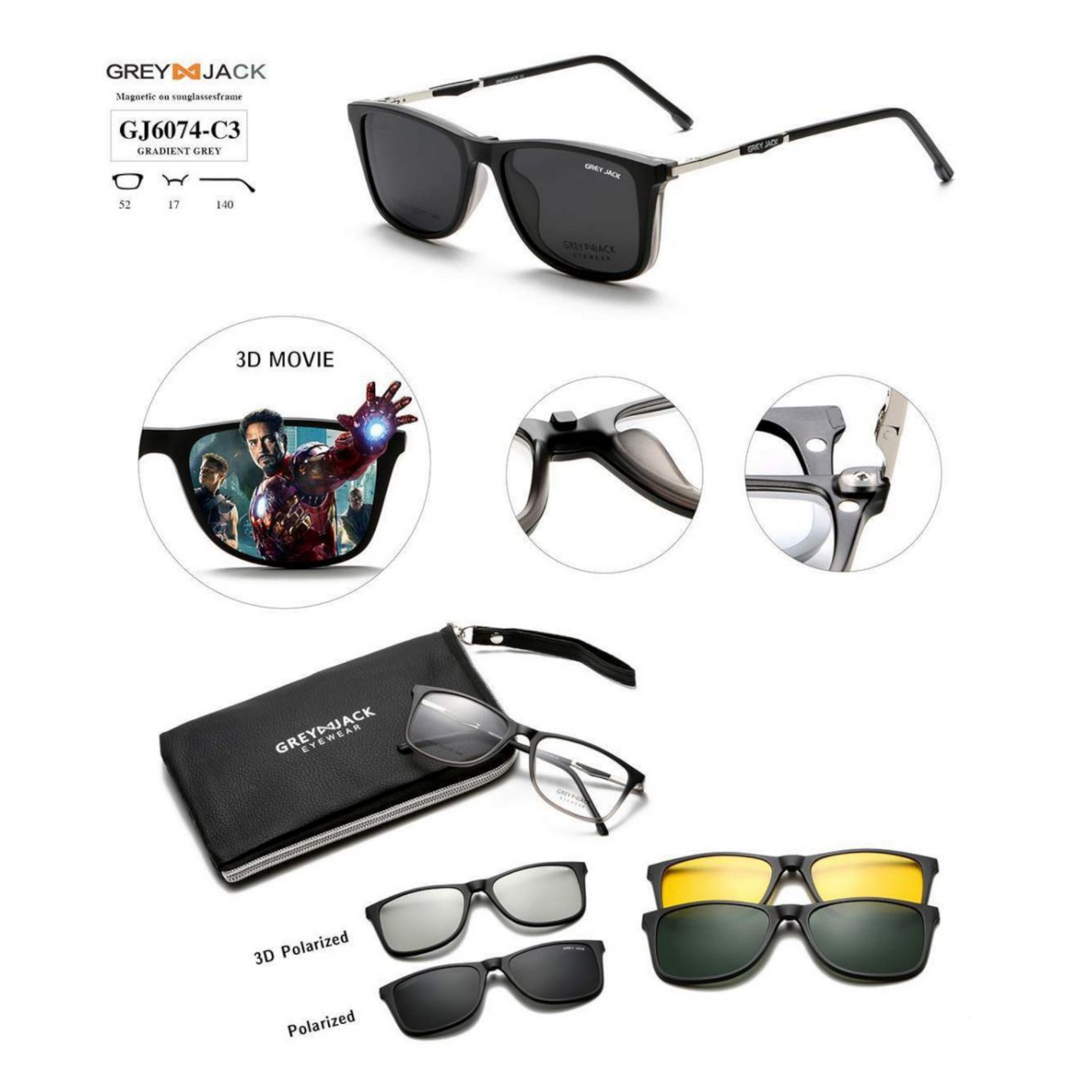 Grey Jack Clip-On Eyewear – 2-in-1 Magnetic Sunglasses | Polarized Lenses | TR90 Frame | GJ6074-C3 | Gradient Grey