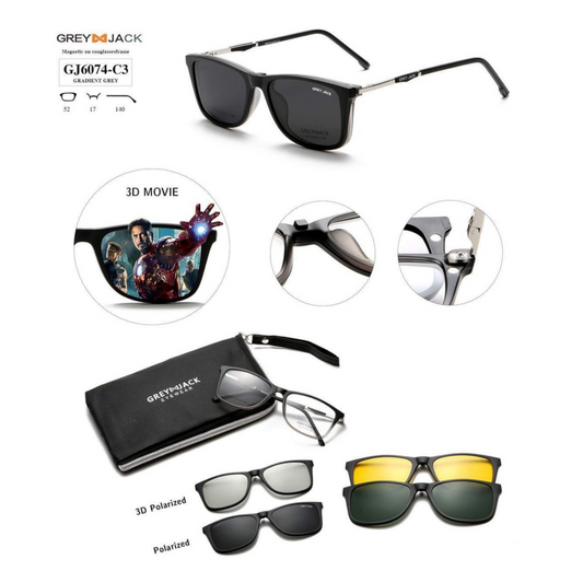 Grey Jack Clip-On Eyewear – 2-in-1 Magnetic Sunglasses | Polarized Lenses | TR90 Frame | GJ6074-C3 | Gradient Grey