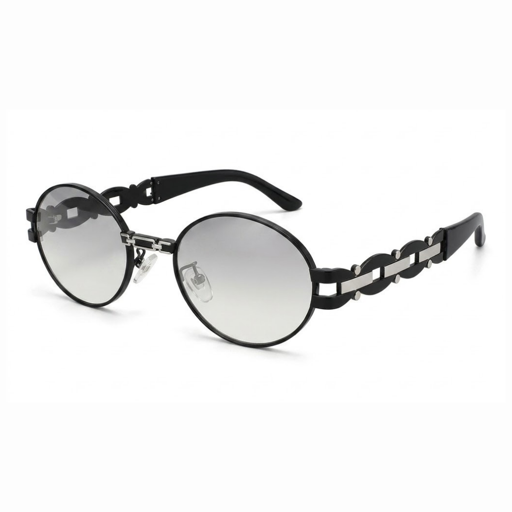 EVORA Luxe Chain Oval Sunglasses for Men & Women | Black & Silver Metal Frame | Silver Mirror UV400 Lens