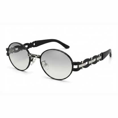 EVORA Luxe Chain Oval Sunglasses for Men & Women | Black & Silver Metal Frame | Silver Mirror UV400 Lens