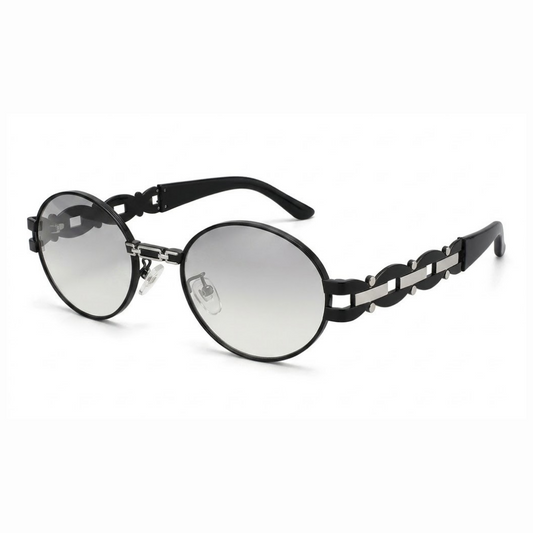 EVORA Luxe Chain Oval Sunglasses for Men & Women | Black & Silver Metal Frame | Silver Mirror UV400 Lens