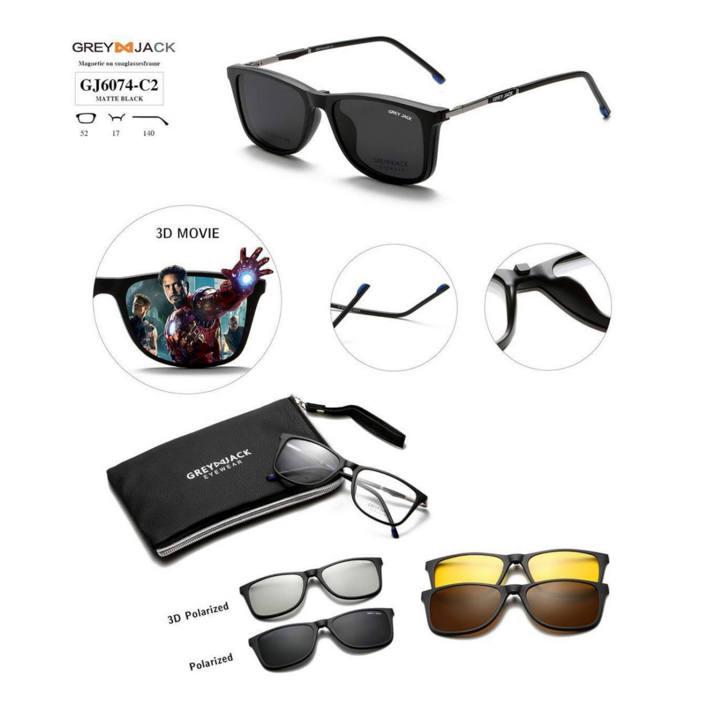 Grey Jack Clip-On Eyewear – 2-in-1 Magnetic Sunglasses | Polarized Lenses | TR90 Frame | GJ6074-C2 | Matte Black