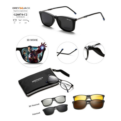Grey Jack Clip-On Eyewear – 2-in-1 Magnetic Sunglasses | Polarized Lenses | TR90 Frame | GJ6074-C2 | Matte Black